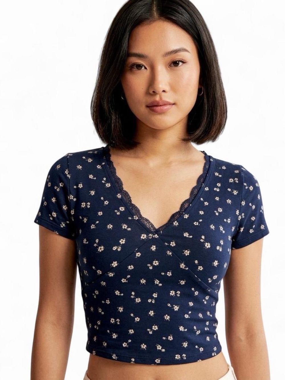 Hollister Navy Floral Lace Trim Baby Tee Crop Top Size XS Coquette Y2K